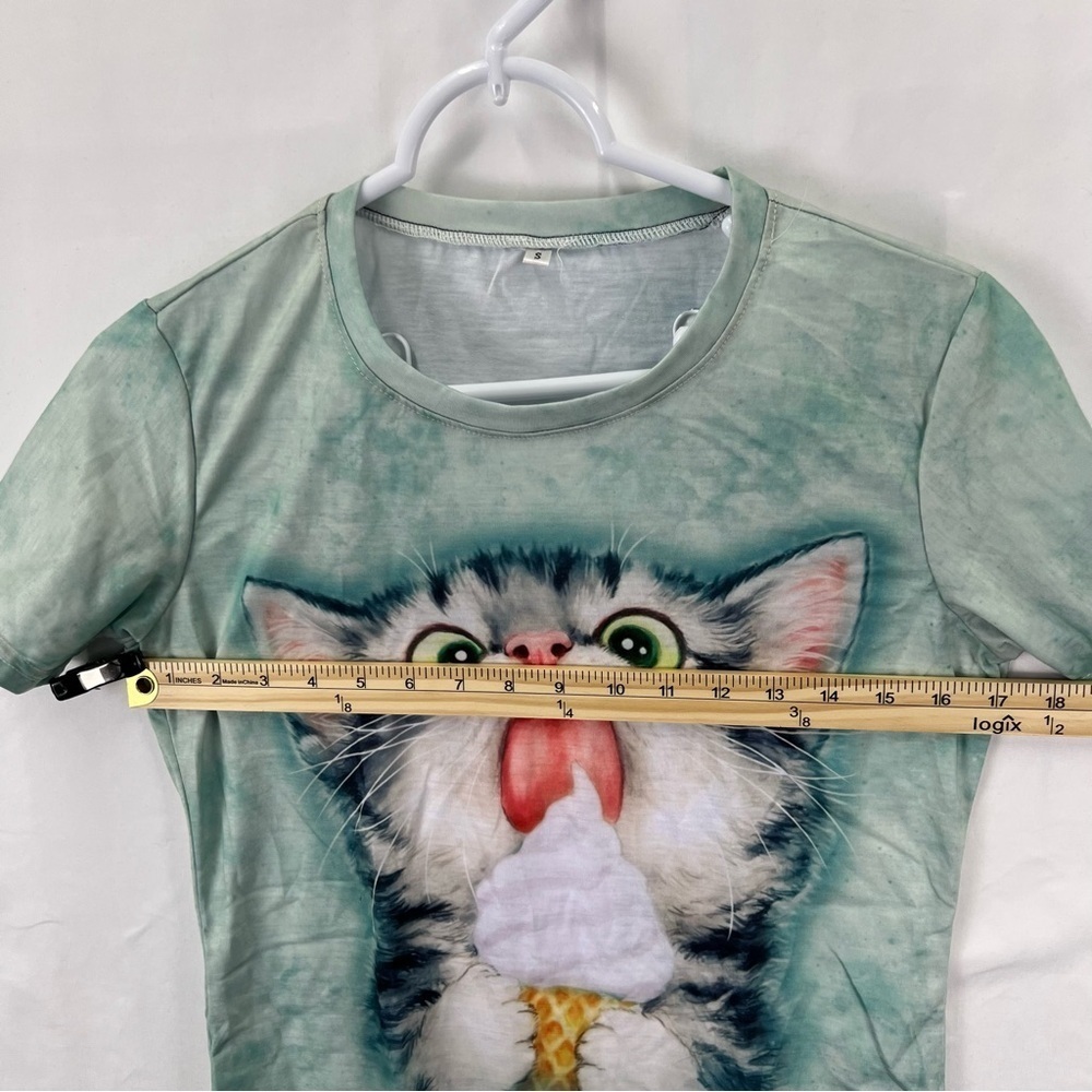 Women's Short Sleeve Shirt - Teal - Cat - Graphic - Small - Picture 5 of 7